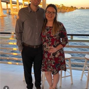 Textured floral polyester roz & Ali dress, three quarter sleeve